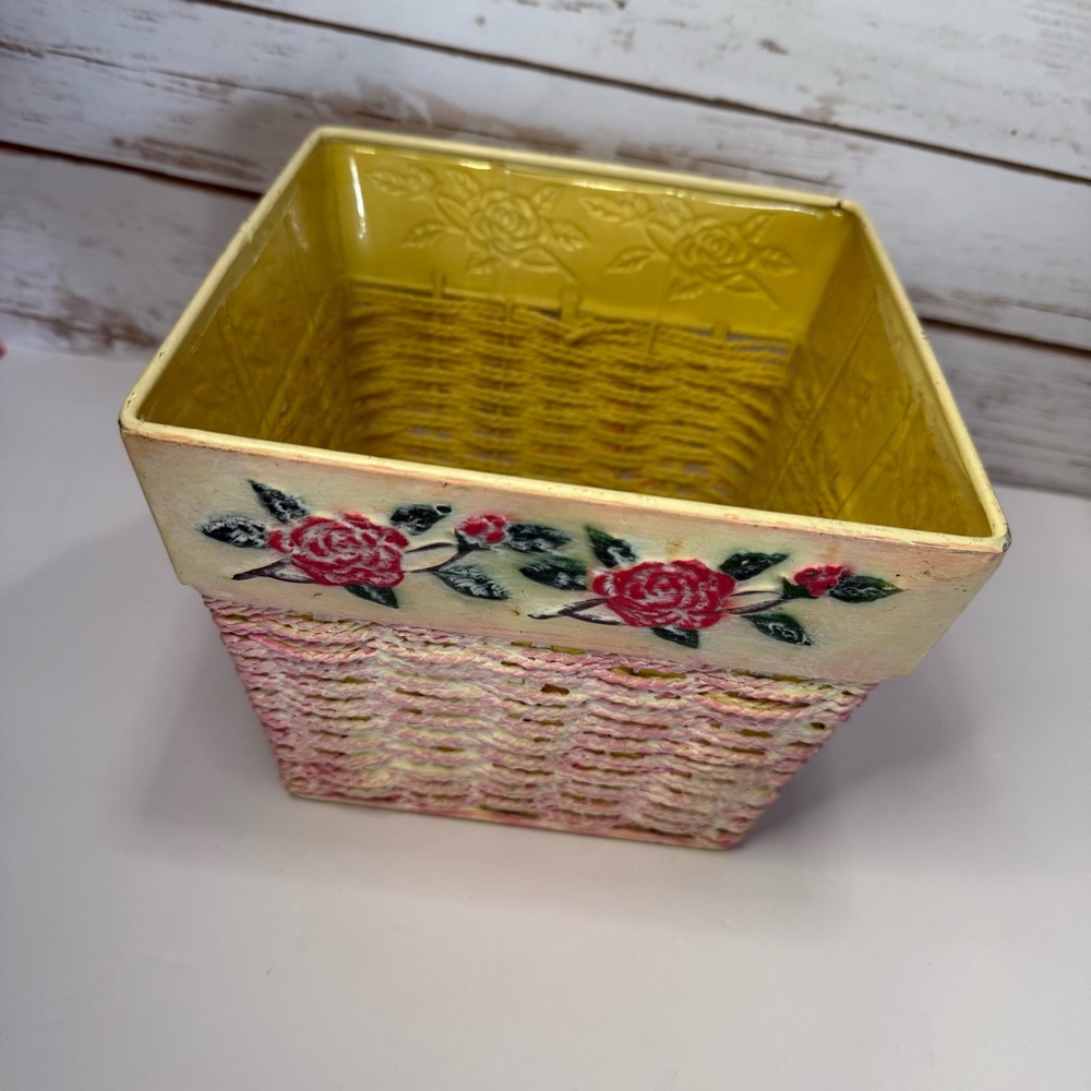 Basket Planter Metal Hand Painted Floral Yellow and Pink Woven Design Vintage